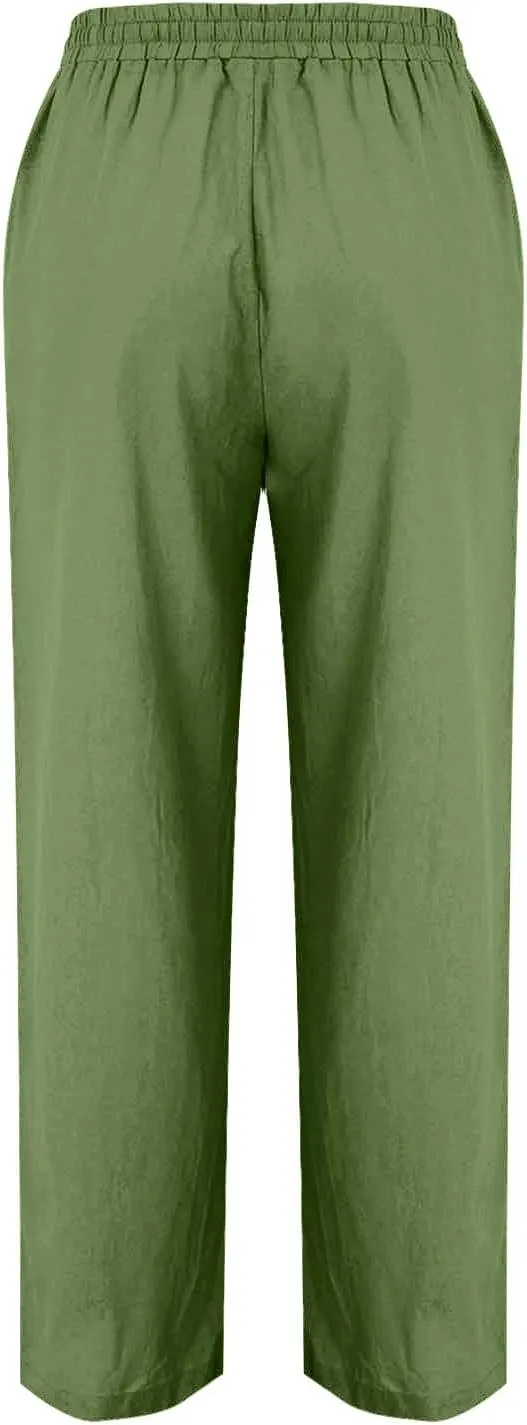Wide Leg Linen Pants for Women Casual Loose Elastic Waisted Trousers Stripe Printed Beach Summer Pants with Pockets