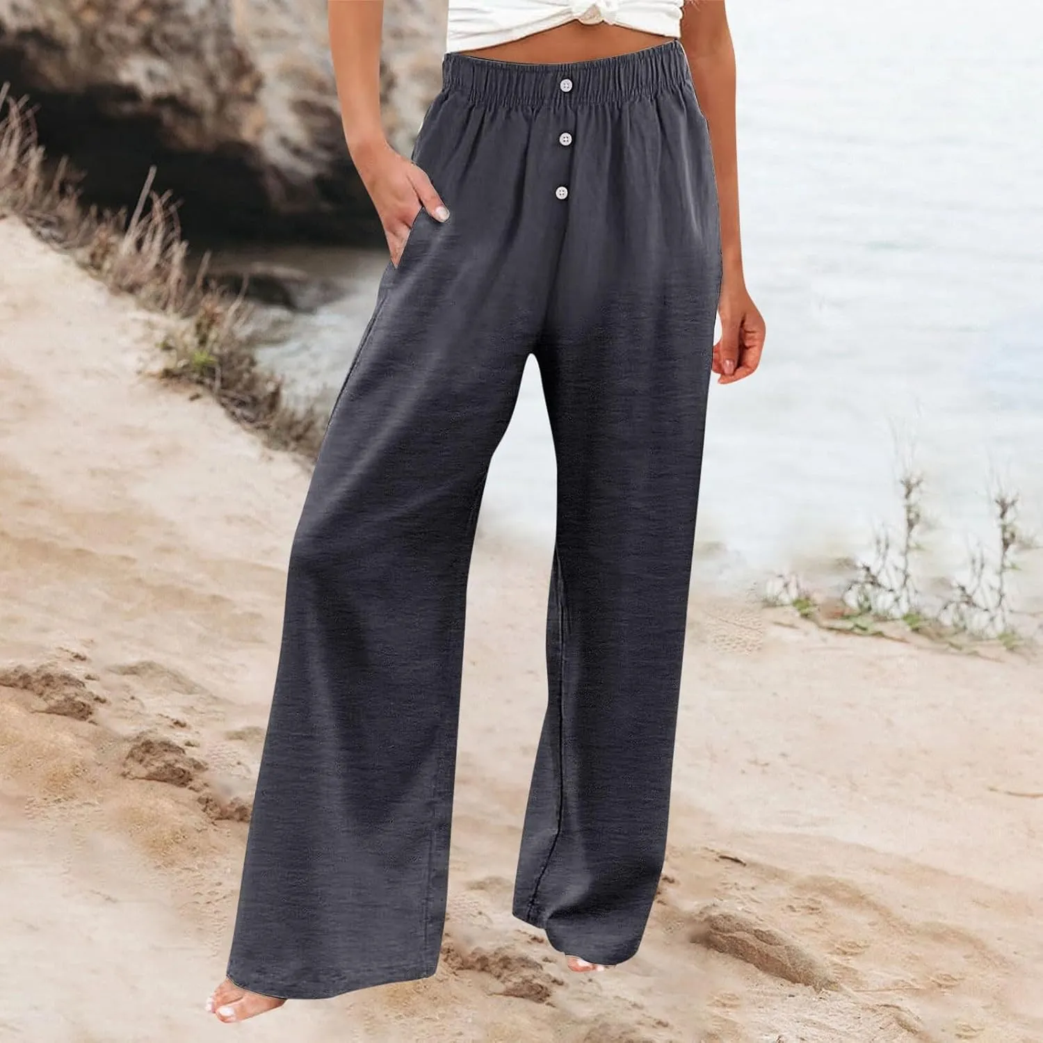Wide Leg Linen Pants for Women Dressy Casual Summer Elastic Waist Pleated Button Work Pants Beach Trousers w/Pockets