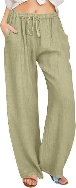 Wide Leg Palazzo Pants for Women 2025 Summer Casual Beach Pant Loose Fit Drawstring Flowy Lounge Trousers with Pocket