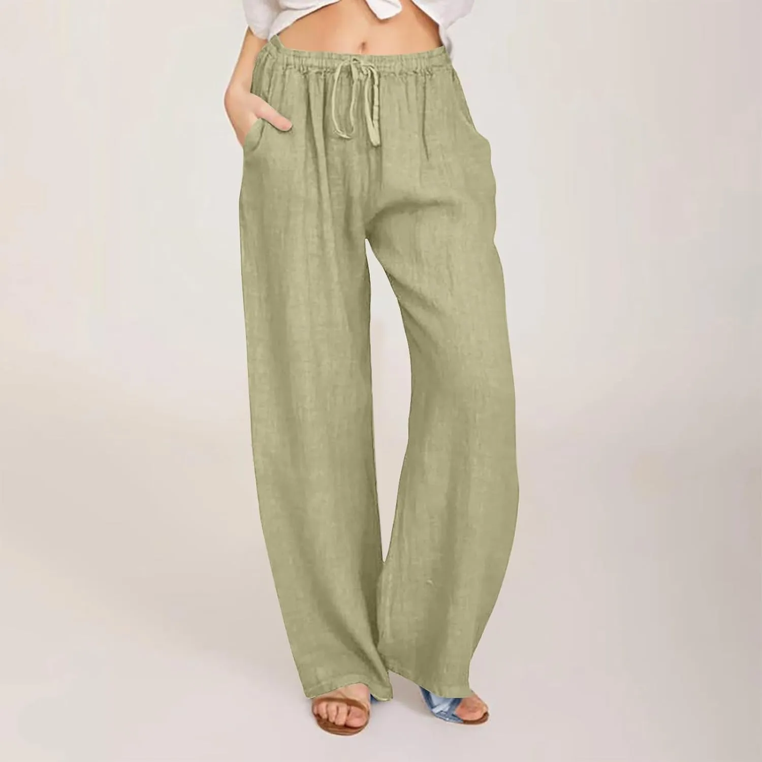 Wide Leg Palazzo Pants for Women 2025 Summer Casual Beach Pant Loose Fit Drawstring Flowy Lounge Trousers with Pocket