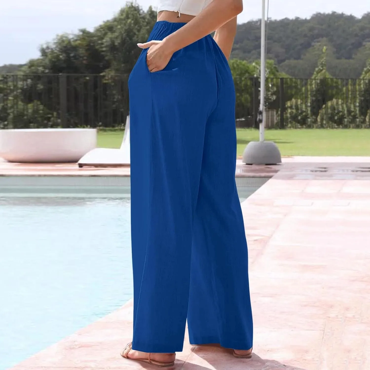 Wide Leg Pants for Women Dressy Casual Cotton Linen Summer Palazzo Pant Drawstring Flowy Beach Trousers with Pockets