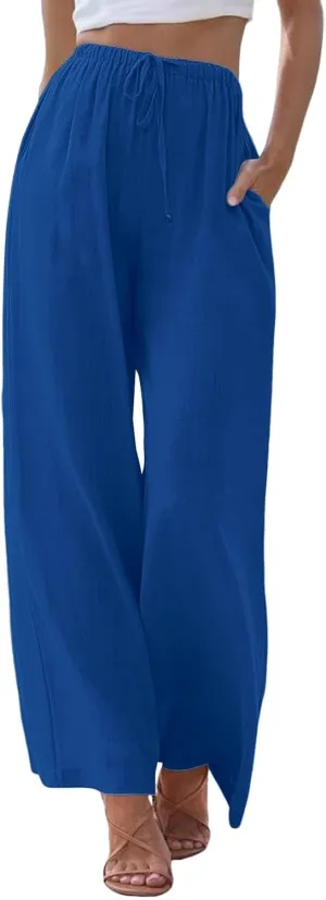 Wide Leg Pants for Women Dressy Casual Cotton Linen Summer Palazzo Pant Drawstring Flowy Beach Trousers with Pockets