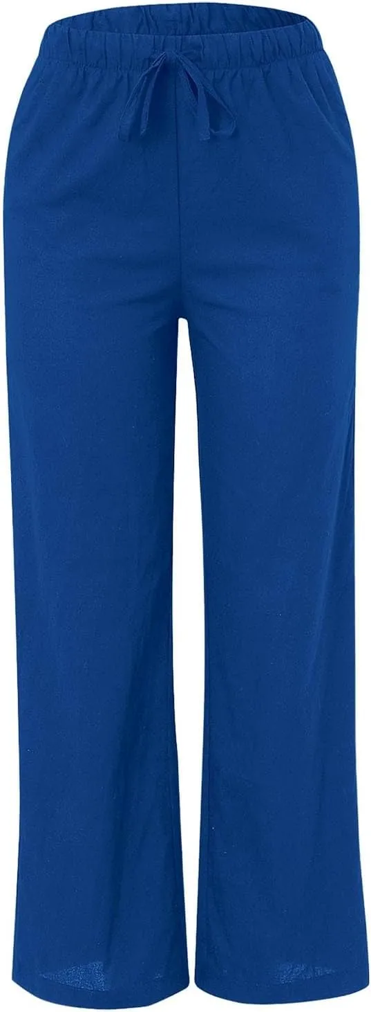 Wide Leg Pants for Women Dressy Casual Cotton Linen Summer Palazzo Pant Drawstring Flowy Beach Trousers with Pockets