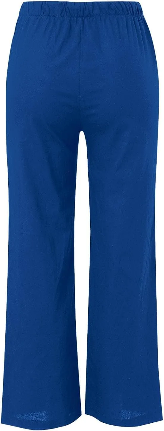 Wide Leg Pants for Women Dressy Casual Cotton Linen Summer Palazzo Pant Drawstring Flowy Beach Trousers with Pockets
