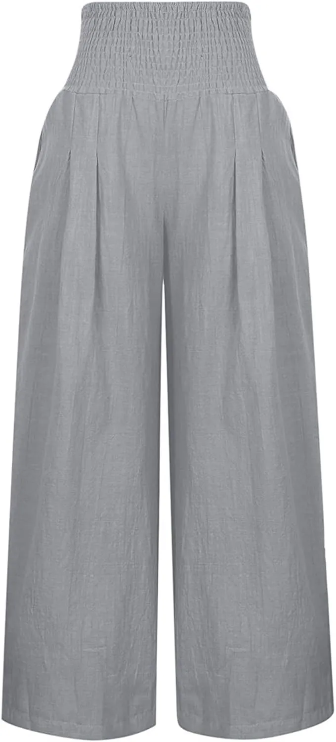 Wide Leg Pants for Women Linen Palazzo Pants Summer Boho High Waist Casual Lounge 2025 Beach Travel Vacation Pant