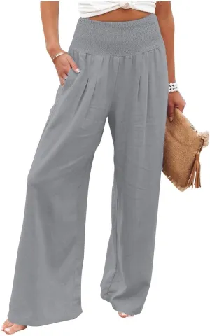 Wide Leg Pants for Women Linen Palazzo Pants Summer Boho High Waist Casual Lounge 2025 Beach Travel Vacation Pant