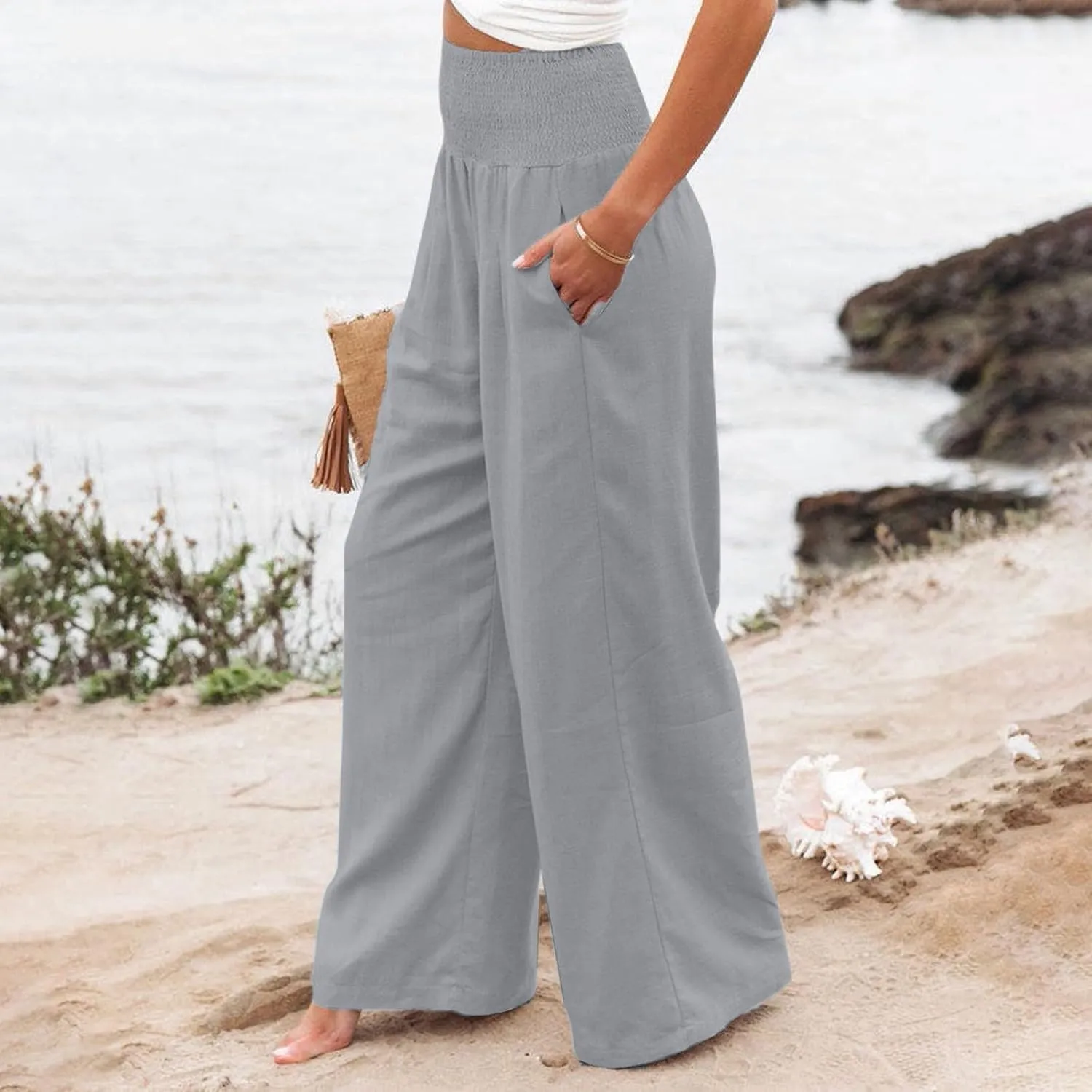 Wide Leg Pants for Women Linen Palazzo Pants Summer Boho High Waist Casual Lounge 2025 Beach Travel Vacation Pant