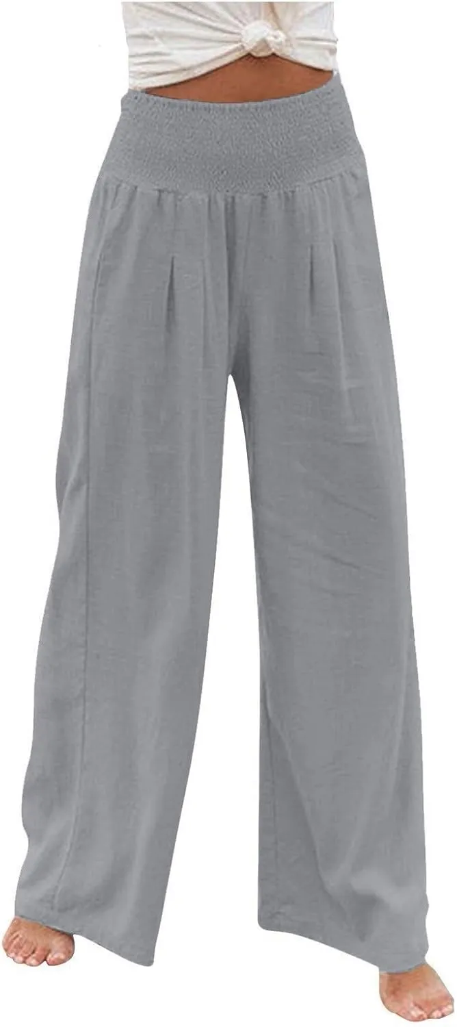 Wide Leg Pants for Women Linen Palazzo Pants Summer Boho High Waist Casual Lounge 2025 Beach Travel Vacation Pant