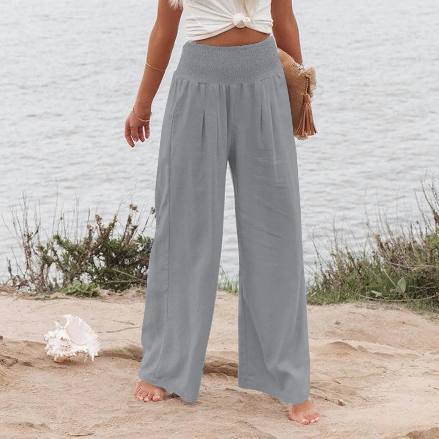Wide Leg Pants for Women Linen Palazzo Pants Summer Boho High Waist Casual Lounge 2025 Beach Travel Vacation Pant