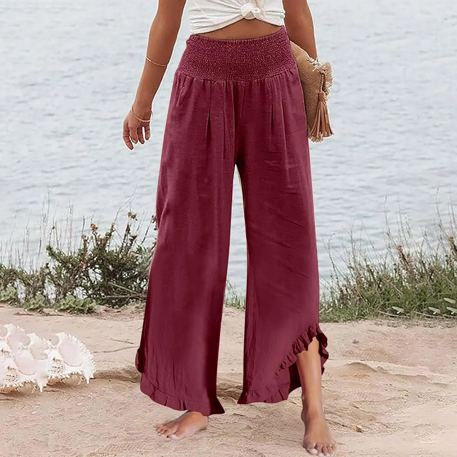 Wide Leg Pants Woman Elastic Waist High Waisted Smocked Linen Pants with Pockets Flowy Casual Summer Womens Trousers