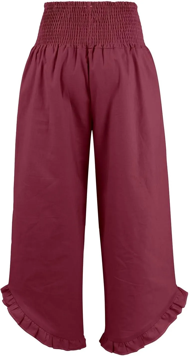 Wide Leg Pants Woman Elastic Waist High Waisted Smocked Linen Pants with Pockets Flowy Casual Summer Womens Trousers