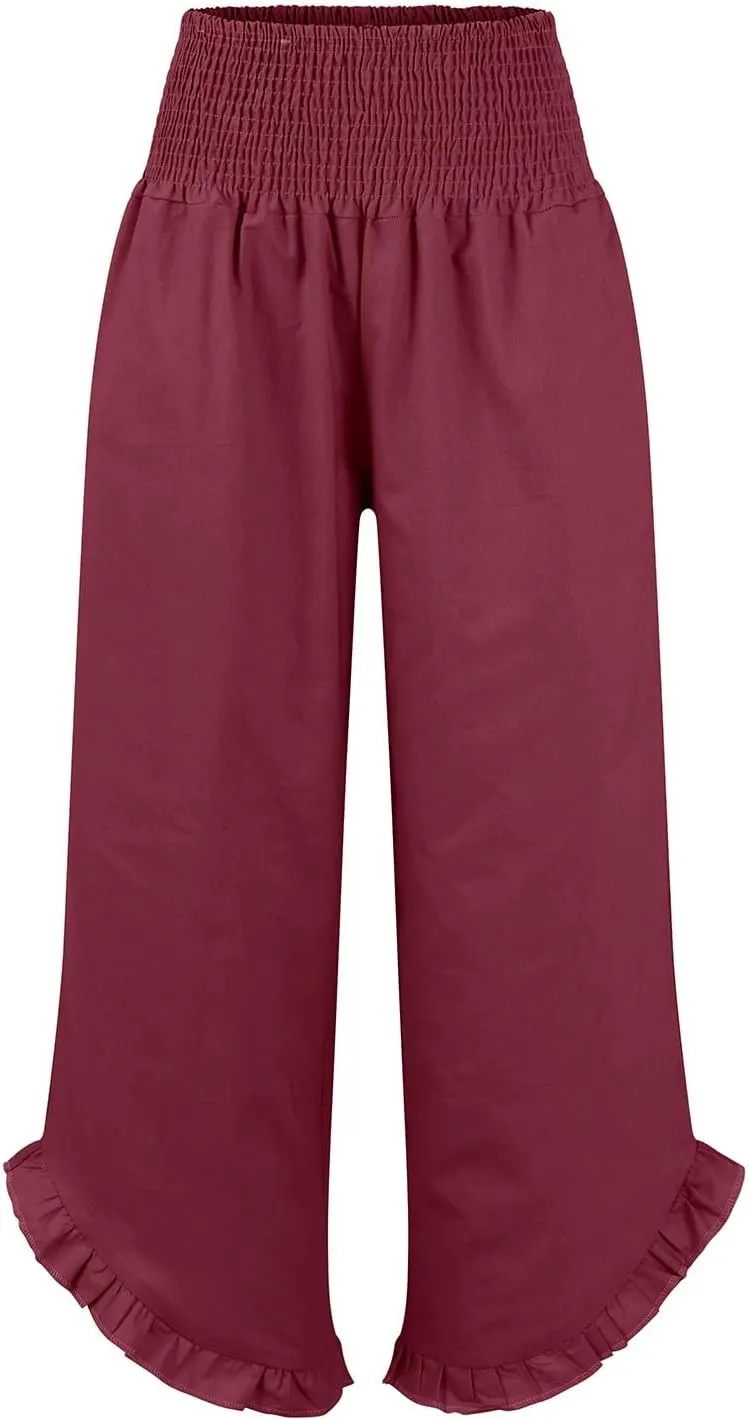 Wide Leg Pants Woman Elastic Waist High Waisted Smocked Linen Pants with Pockets Flowy Casual Summer Womens Trousers