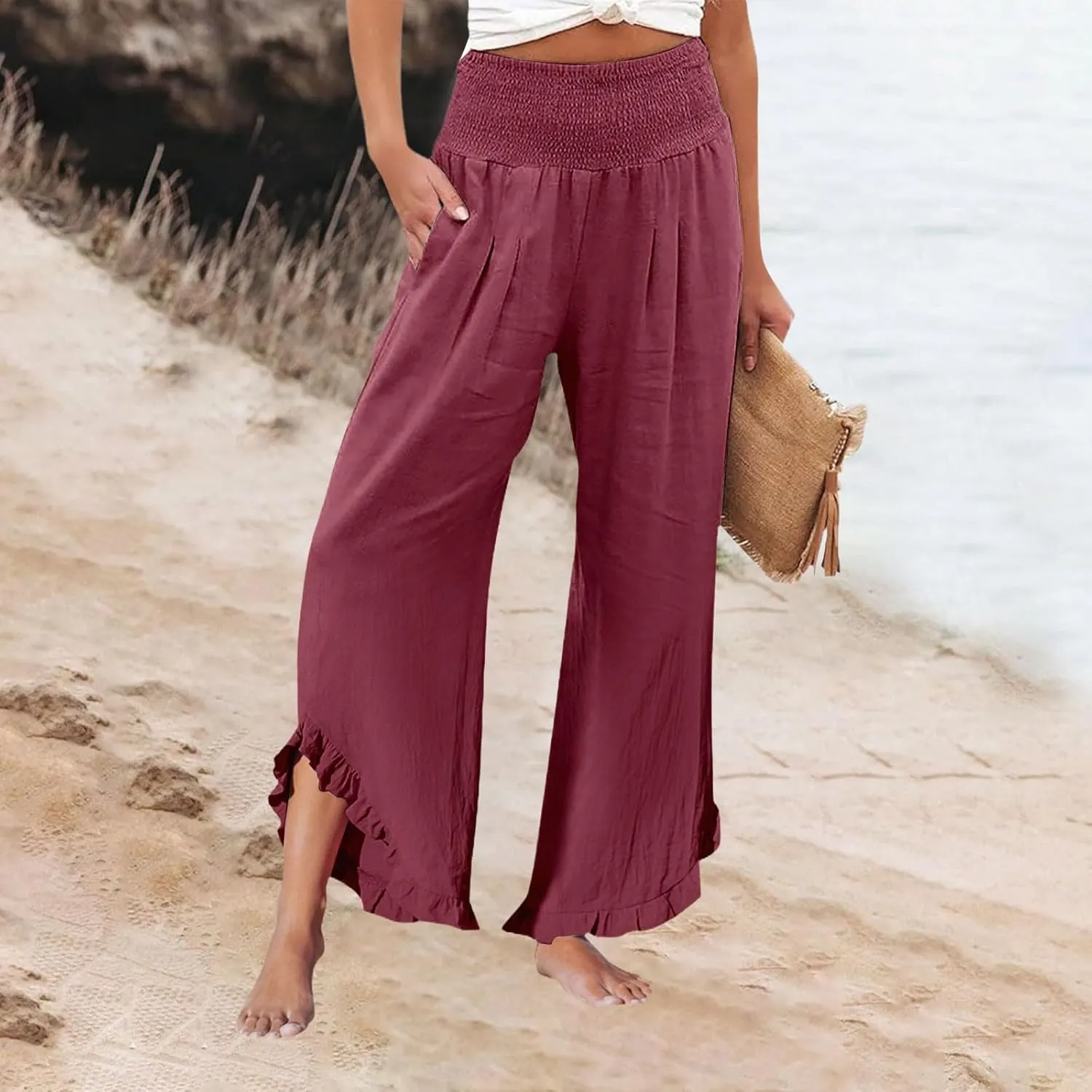 Wide Leg Pants Woman Elastic Waist High Waisted Smocked Linen Pants with Pockets Flowy Casual Summer Womens Trousers