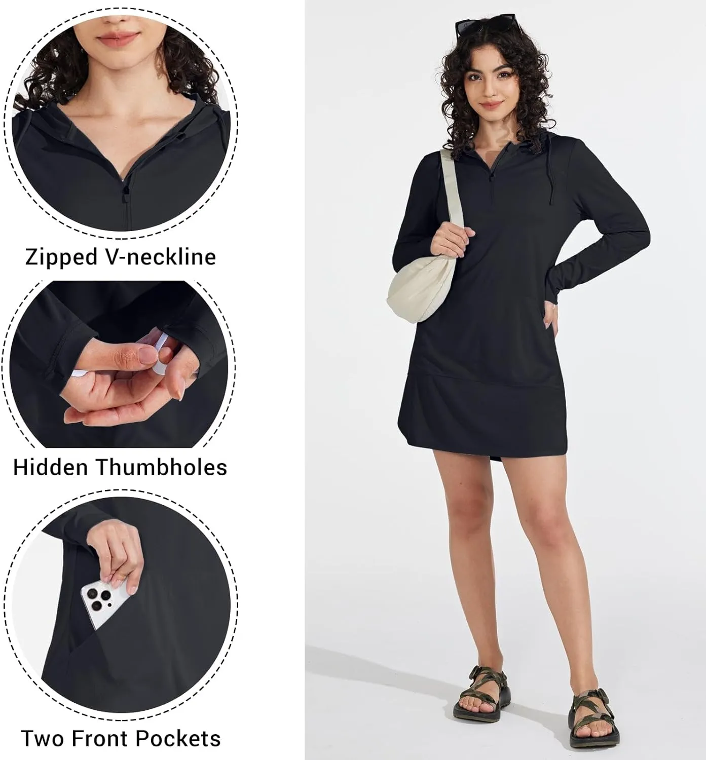 Willit Women's UPF 50  Swim Cover-Up Dress Hooded Beach Sun Long Sleeve Swimwear Quick Dry SPF Swim Shirts