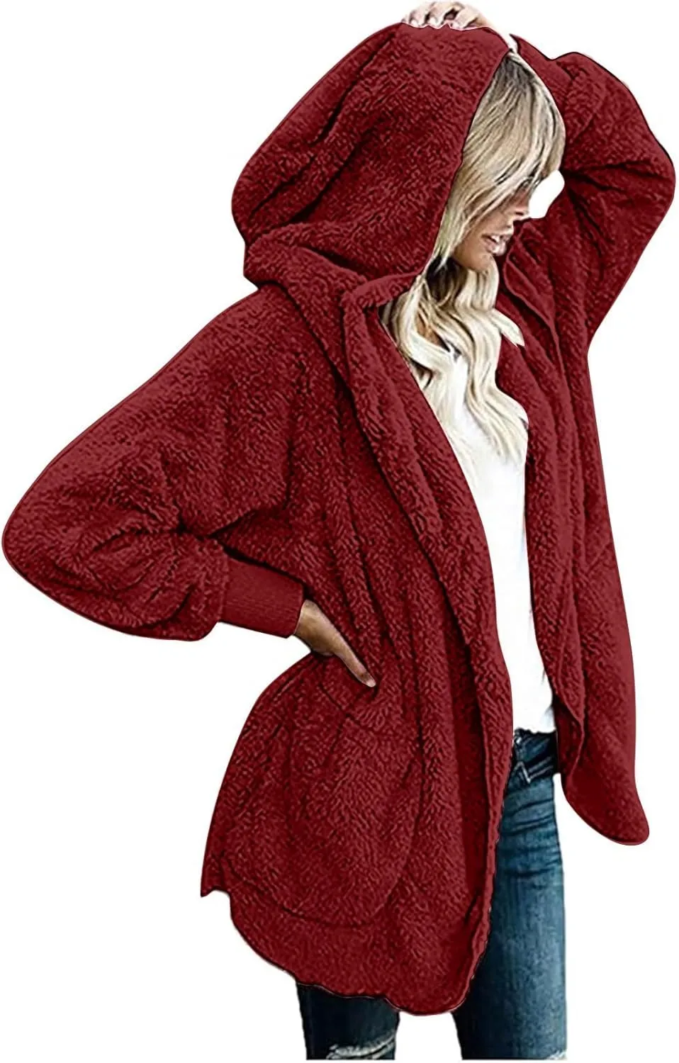 Winter Coats for Women 2024 Plus Size Long Sleeve Fuzzy Fleece Jacket Hooded Casual Warm Open Front Cardigans Outwear