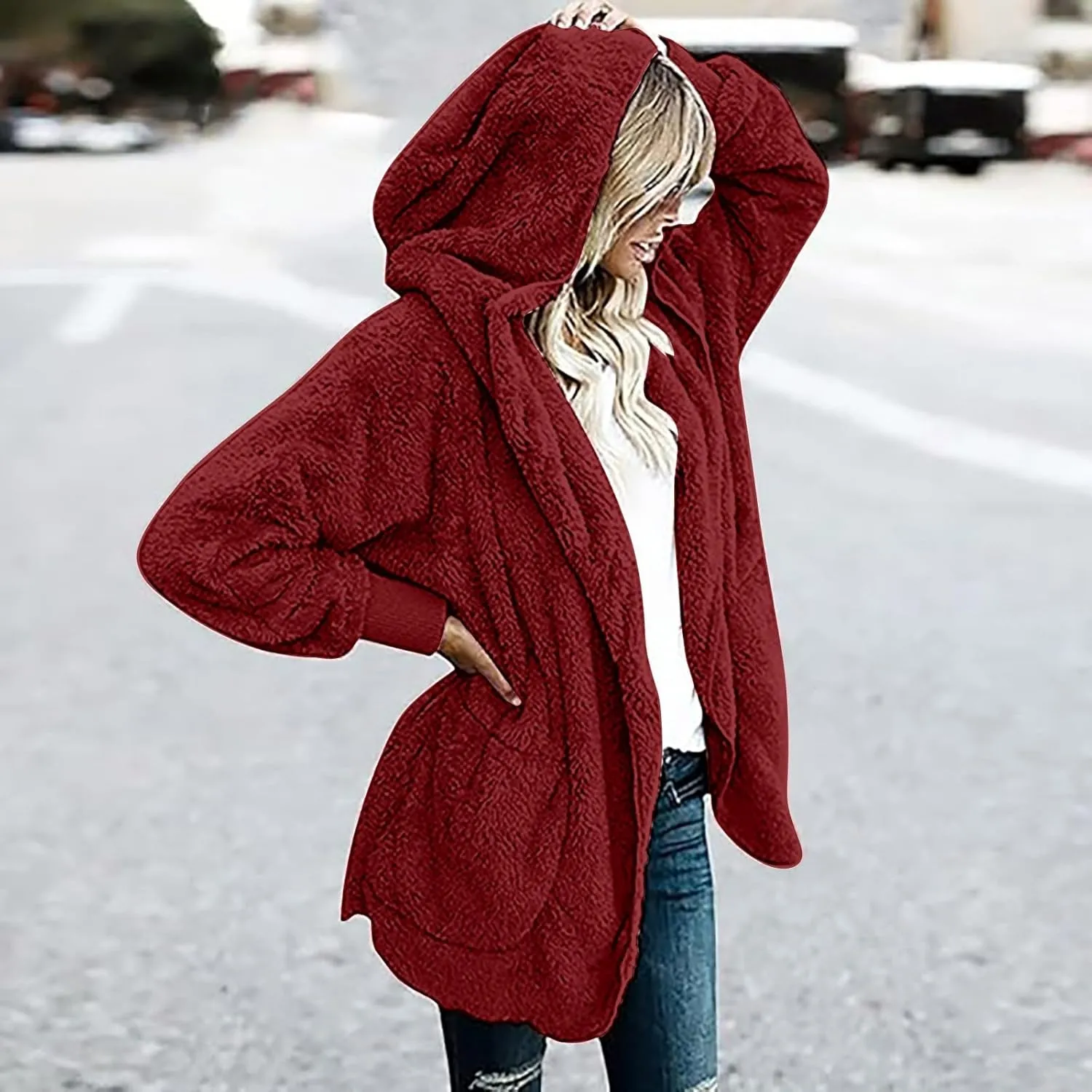 Winter Coats for Women 2024 Plus Size Long Sleeve Fuzzy Fleece Jacket Hooded Casual Warm Open Front Cardigans Outwear