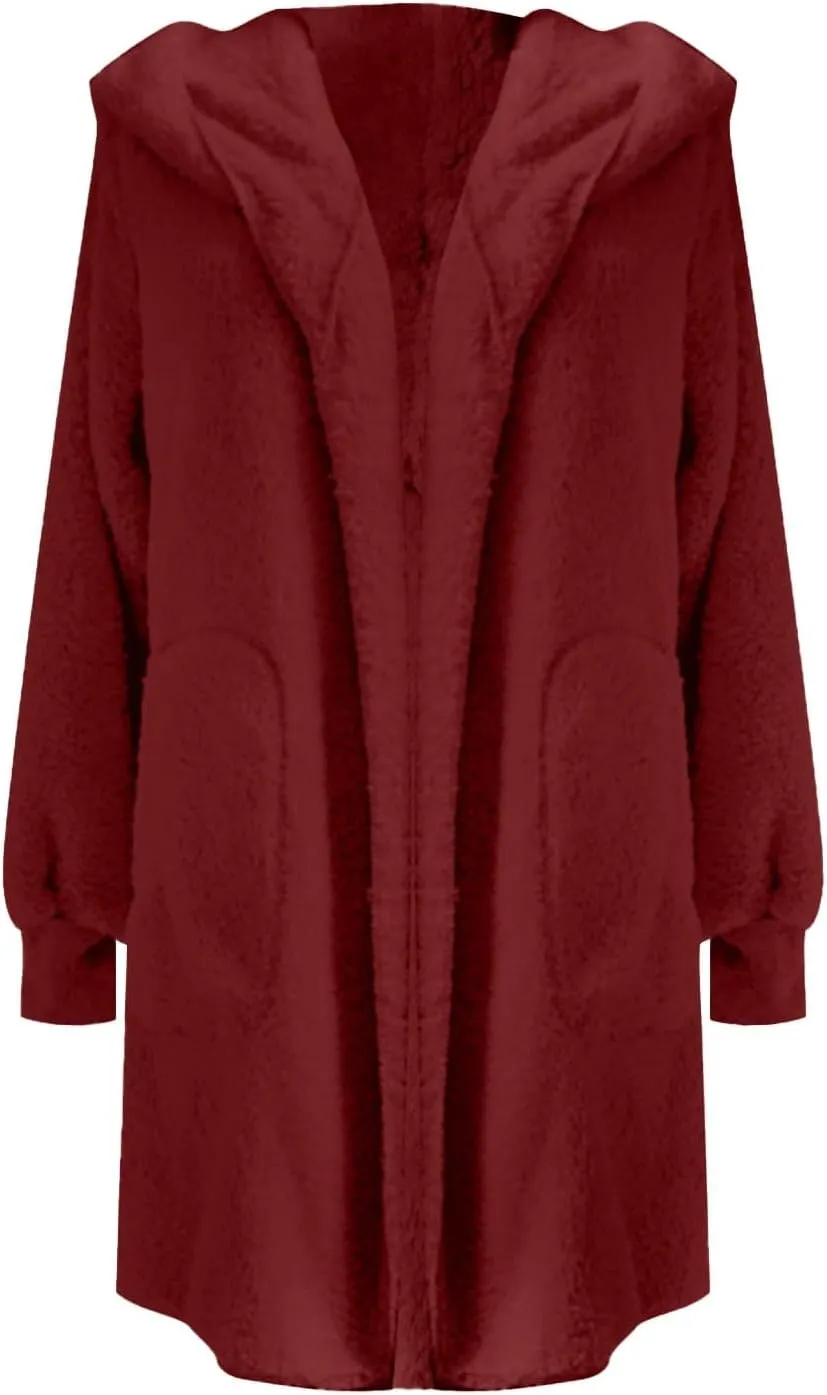 Winter Coats for Women 2024 Plus Size Long Sleeve Fuzzy Fleece Jacket Hooded Casual Warm Open Front Cardigans Outwear