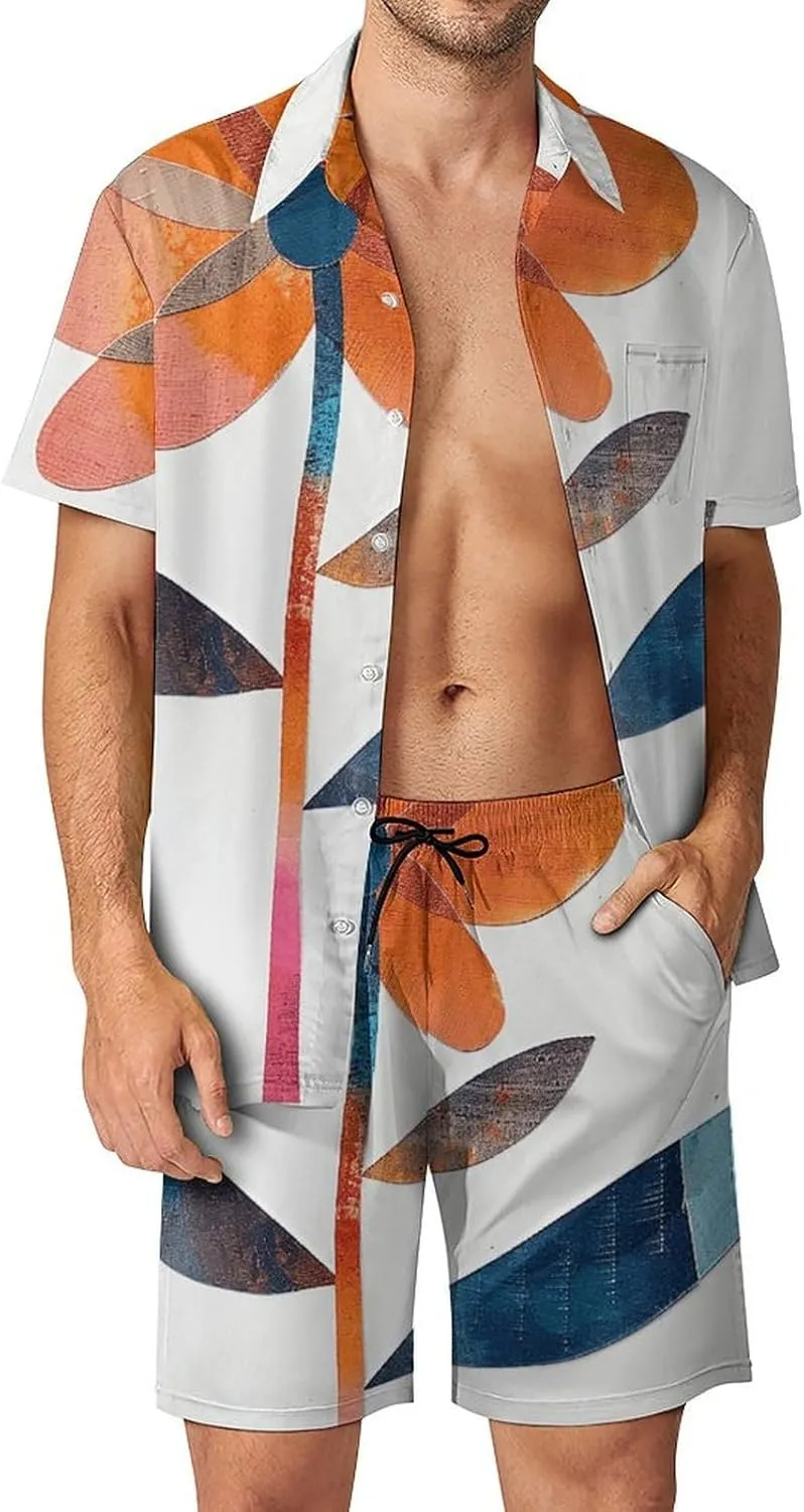 With Red And Blue Mens Swimsuit 2 Pieces Set Quick Dry Shorts Shirts Summer Button Down Short Sleeve Set