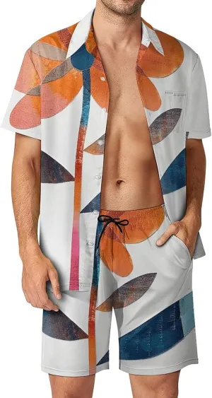 With Red And Blue Mens Swimsuit 2 Pieces Set Quick Dry Shorts Shirts Summer Button Down Short Sleeve Set