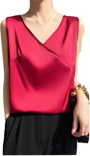 Women Artificial Silk Satin Thin V-Neck Tank Tops Collar Smooth Camisole Basic Model Silky Camis