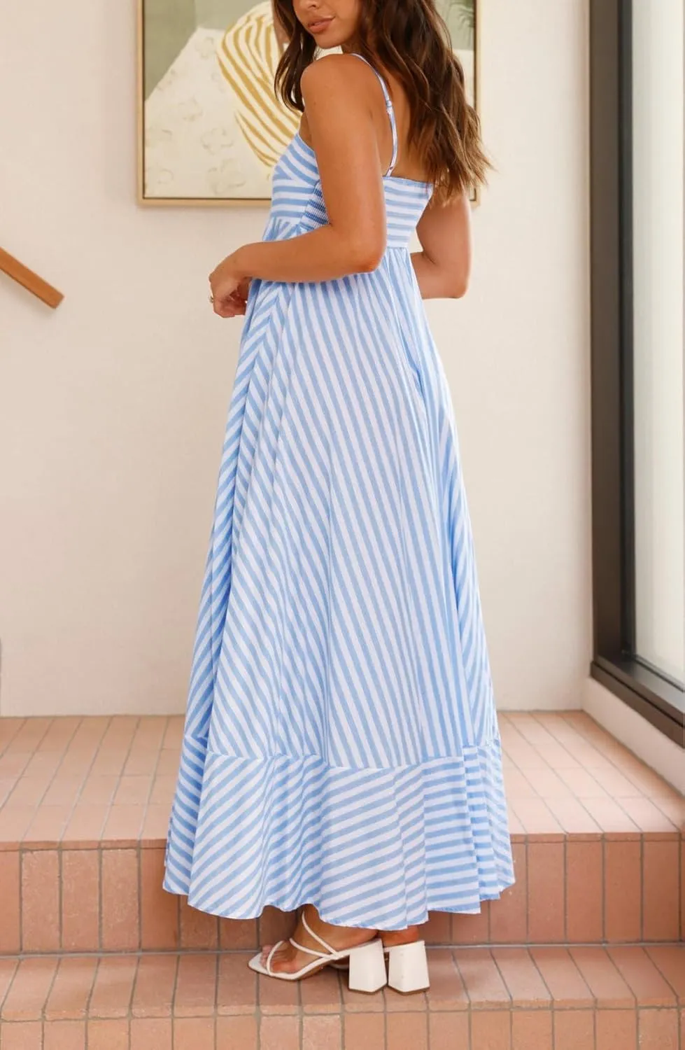Women Boho Colorful Spaghetti Strap Dress Summer Vacation Beach Long Sun Dress RIC Rac Floral Flowy Cami Maxi Dress