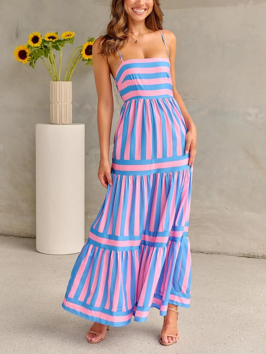 Women Boho Colorful Spaghetti Strap Dress Summer Vacation Beach Long Sun Dress RIC Rac Floral Flowy Cami Maxi Dress
