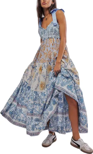 Women Boho Colorful Spaghetti Strap Dress Summer Vacation Beach Long Sun Dress RIC Rac Floral Flowy Cami Maxi Dress