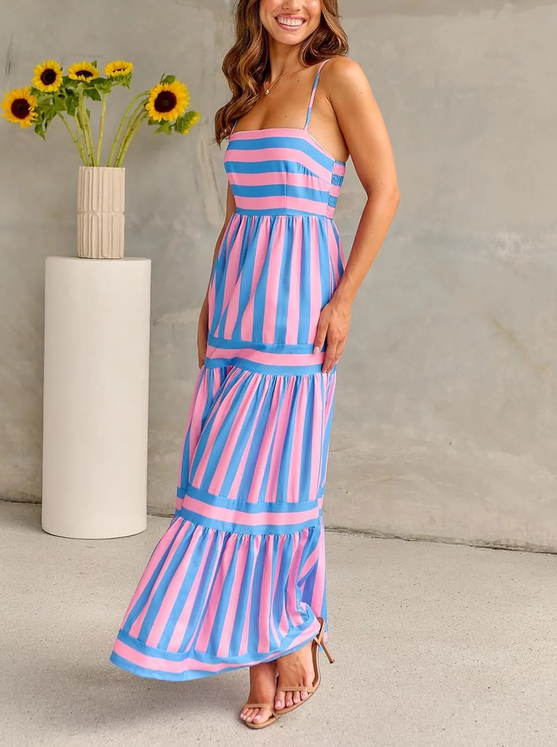 Women Boho Colorful Spaghetti Strap Dress Summer Vacation Beach Long Sun Dress RIC Rac Floral Flowy Cami Maxi Dress