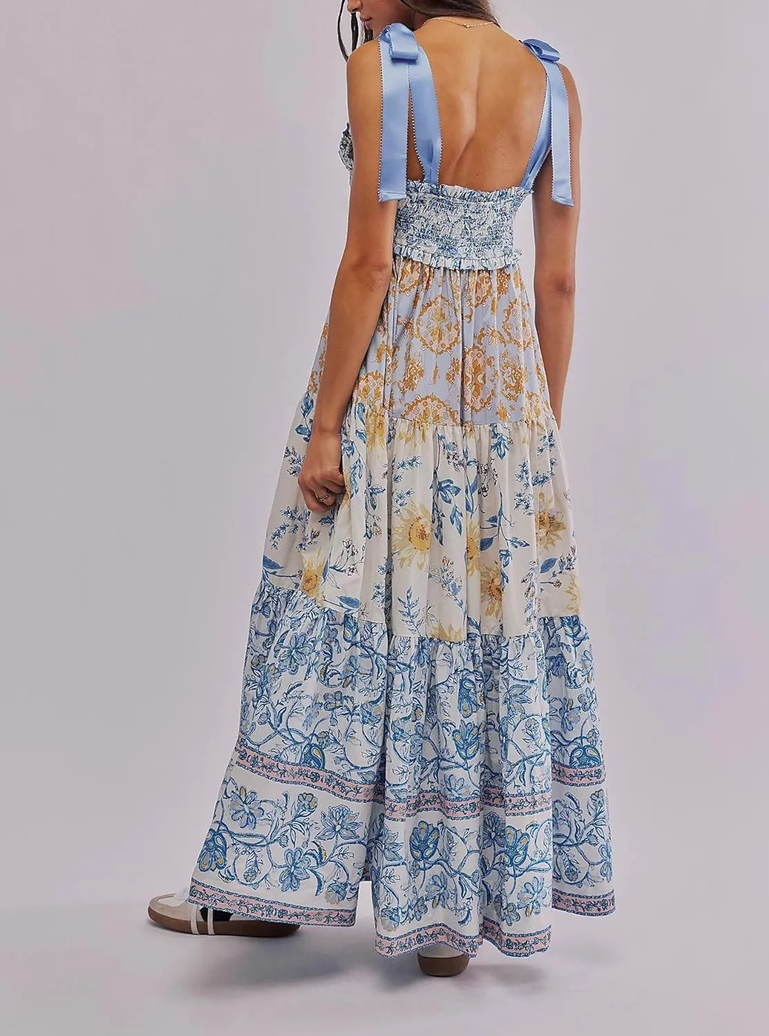 Women Boho Colorful Spaghetti Strap Dress Summer Vacation Beach Long Sun Dress RIC Rac Floral Flowy Cami Maxi Dress