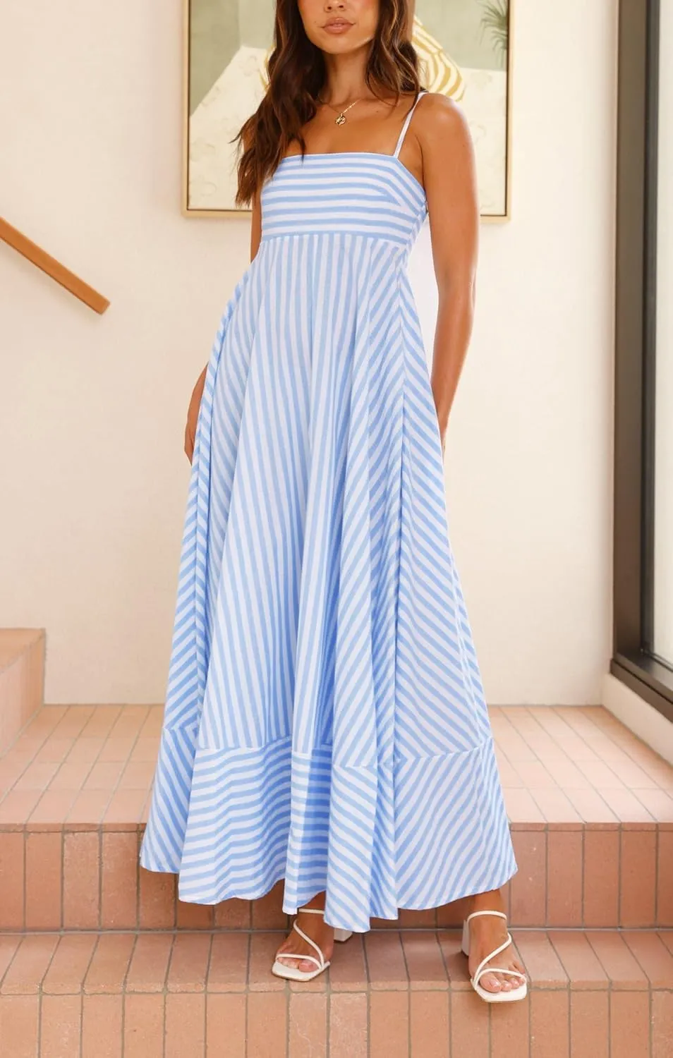 Women Boho Colorful Spaghetti Strap Dress Summer Vacation Beach Long Sun Dress RIC Rac Floral Flowy Cami Maxi Dress