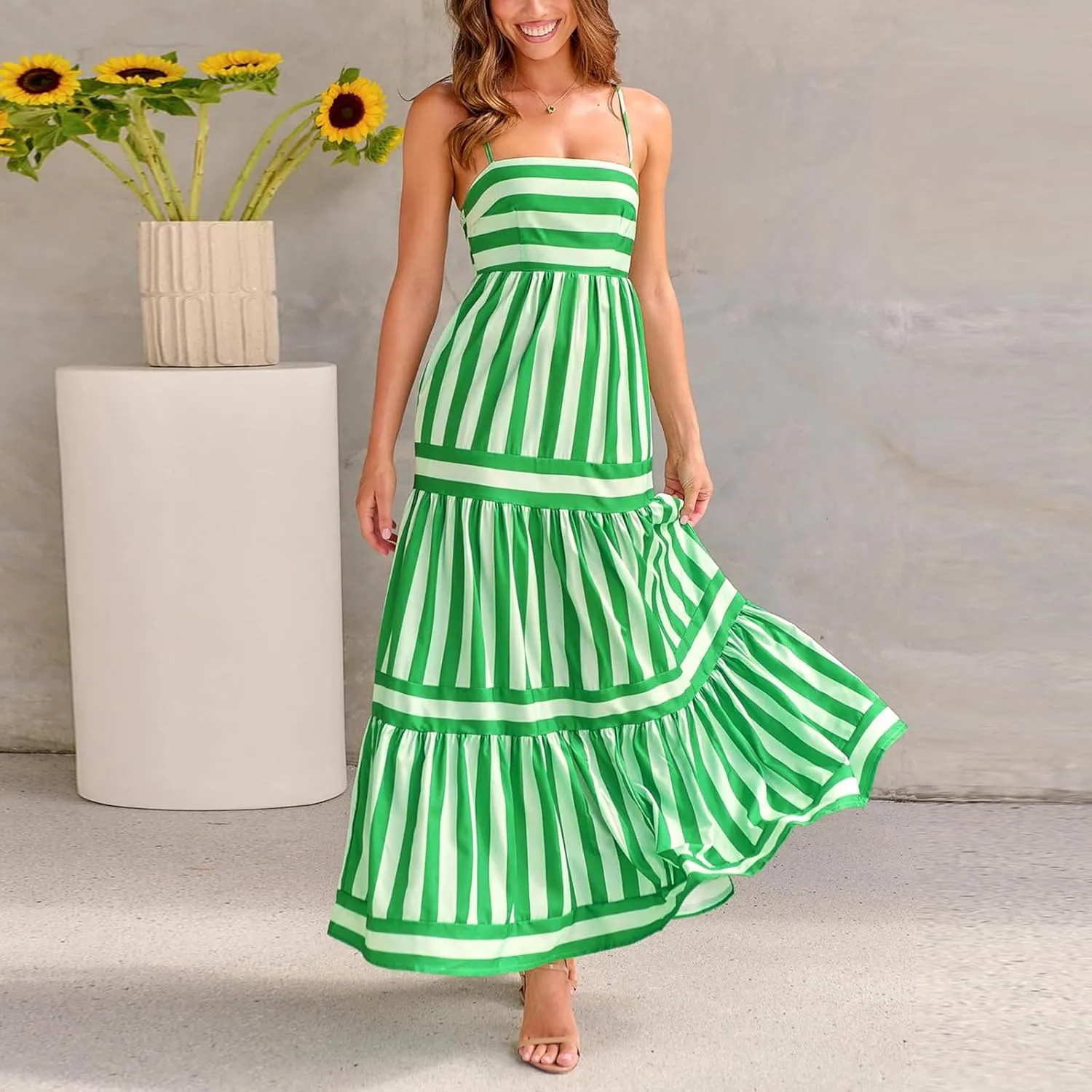 Women Boho Colorful Spaghetti Strap Dress Summer Vacation Beach Long Sun Dress RIC Rac Floral Flowy Cami Maxi Dress