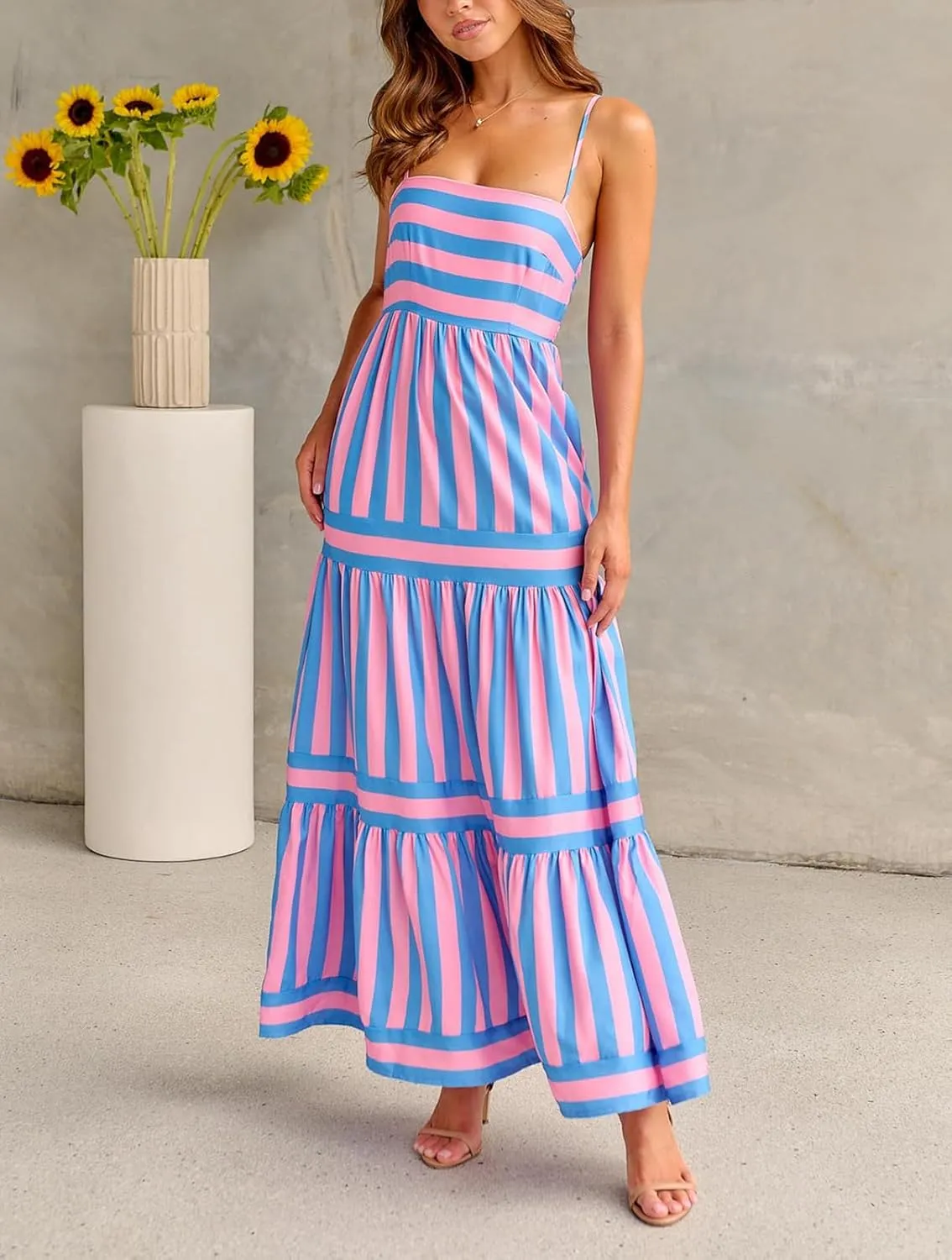 Women Boho Colorful Spaghetti Strap Dress Summer Vacation Beach Long Sun Dress RIC Rac Floral Flowy Cami Maxi Dress