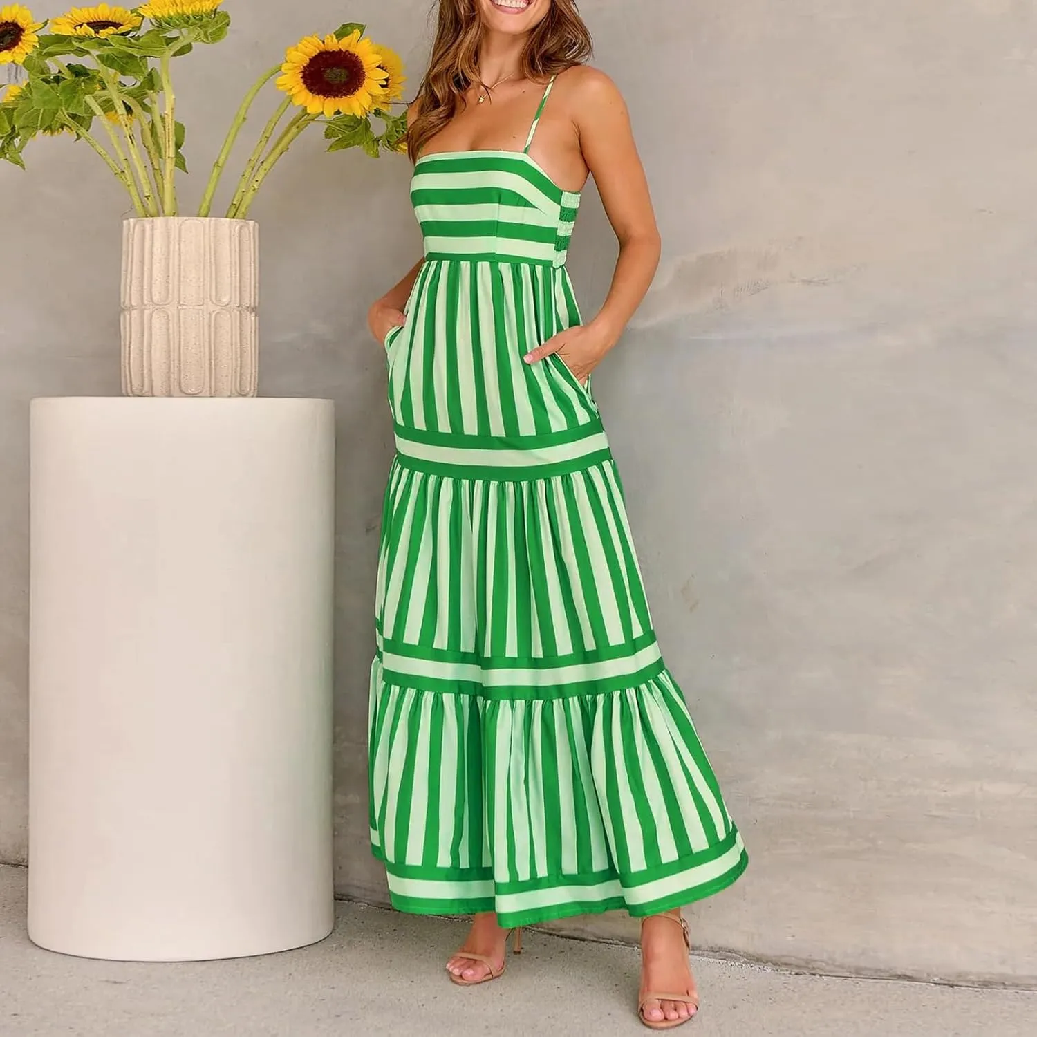 Women Boho Colorful Spaghetti Strap Dress Summer Vacation Beach Long Sun Dress RIC Rac Floral Flowy Cami Maxi Dress