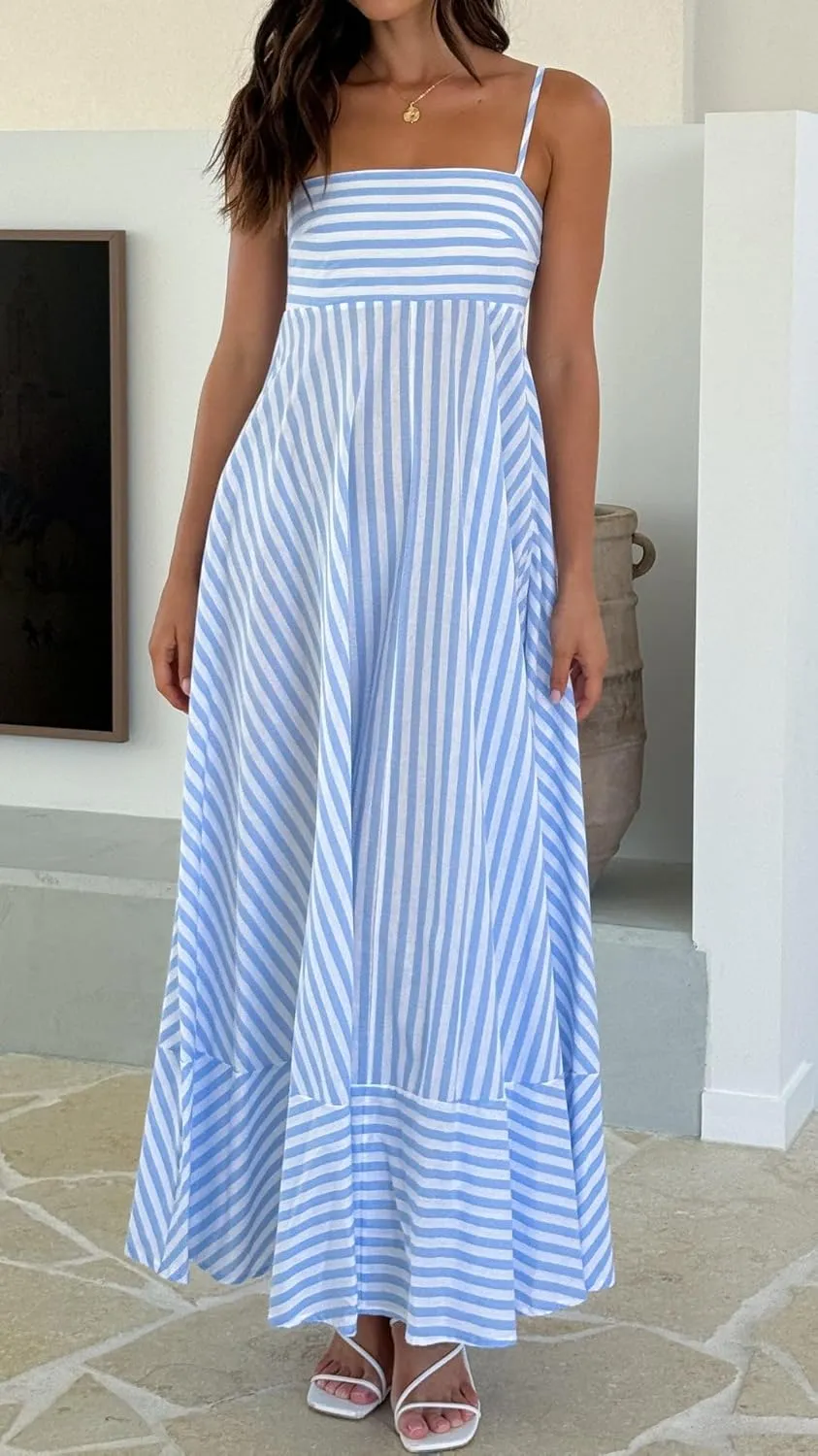 Women Boho Colorful Spaghetti Strap Dress Summer Vacation Beach Long Sun Dress RIC Rac Floral Flowy Cami Maxi Dress