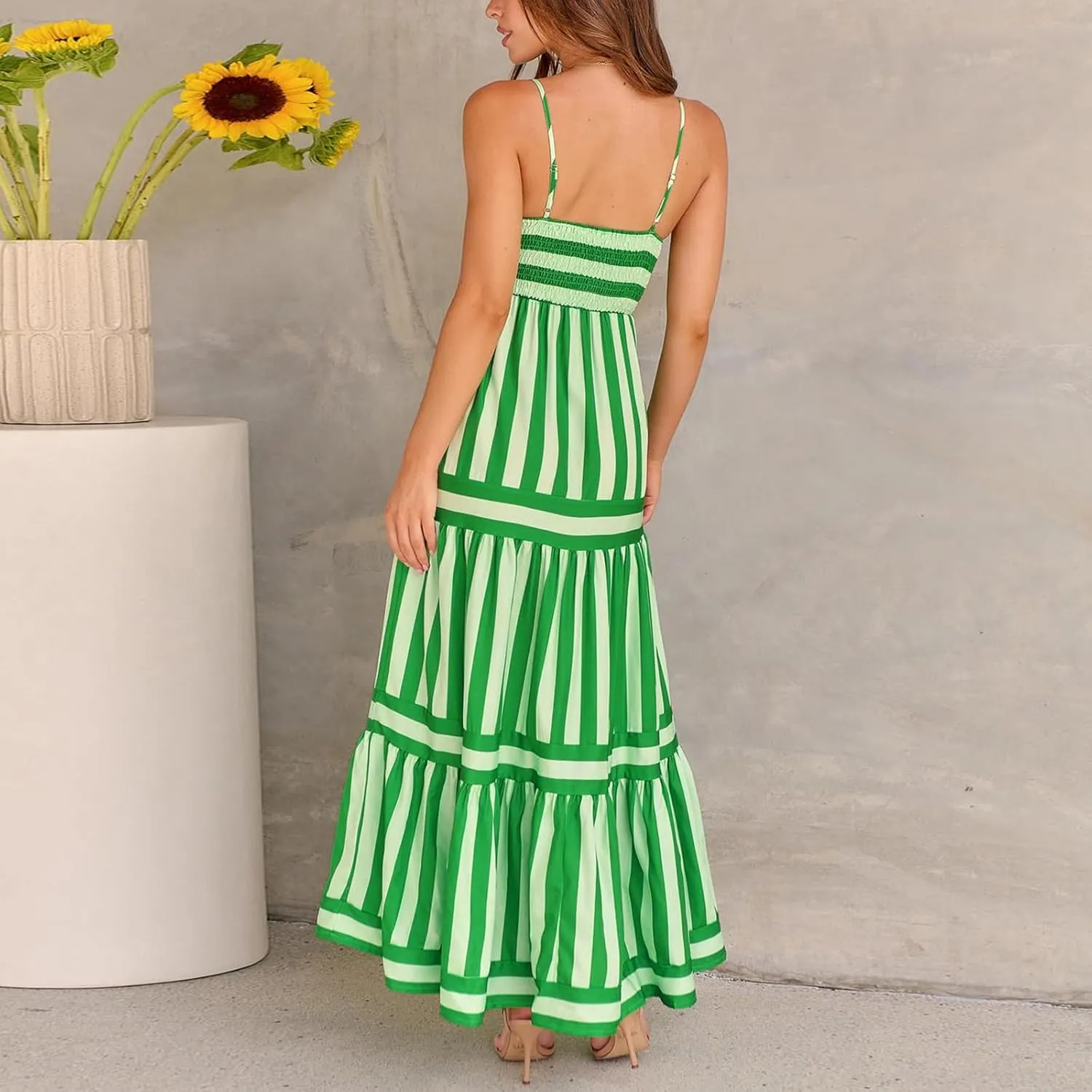 Women Boho Colorful Spaghetti Strap Dress Summer Vacation Beach Long Sun Dress RIC Rac Floral Flowy Cami Maxi Dress
