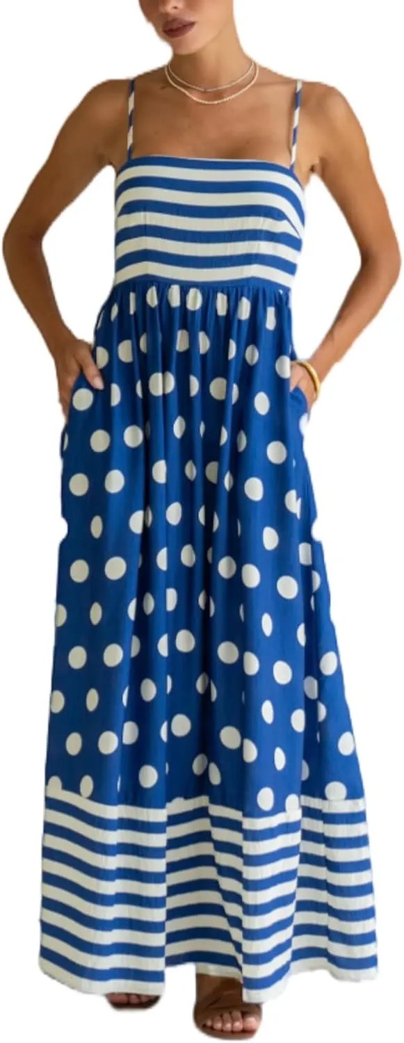 Women Boho Colorful Spaghetti Strap Dress Summer Vacation Beach Long Sun Dress RIC Rac Floral Flowy Cami Maxi Dress
