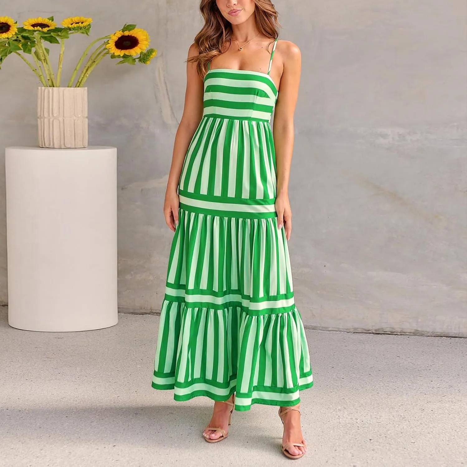 Women Boho Colorful Spaghetti Strap Dress Summer Vacation Beach Long Sun Dress RIC Rac Floral Flowy Cami Maxi Dress