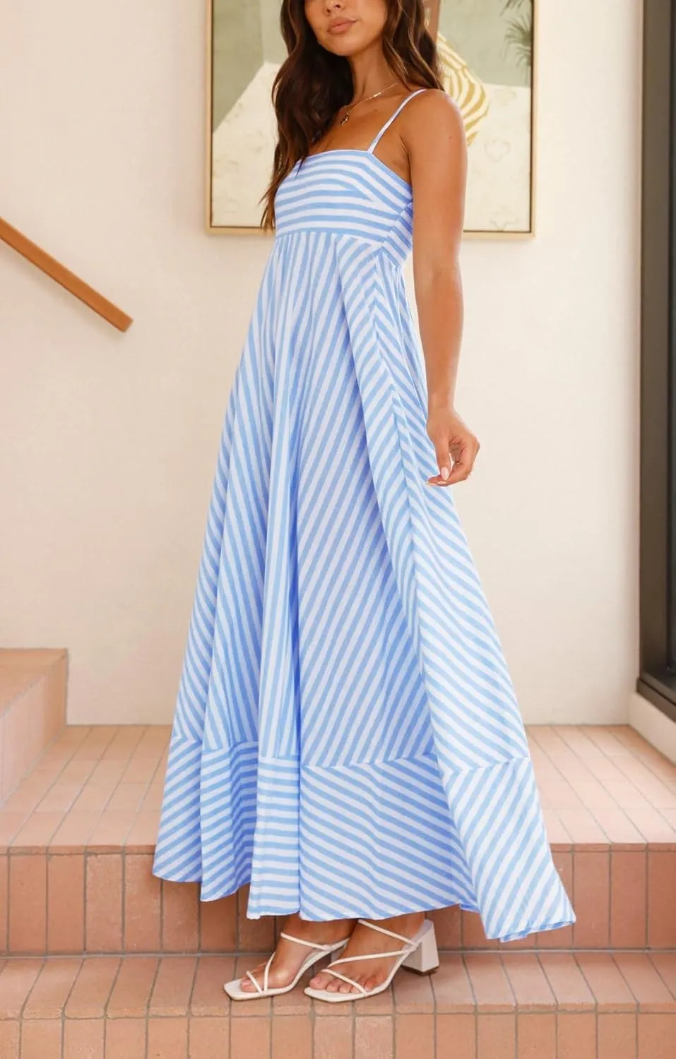 Women Boho Colorful Spaghetti Strap Dress Summer Vacation Beach Long Sun Dress RIC Rac Floral Flowy Cami Maxi Dress