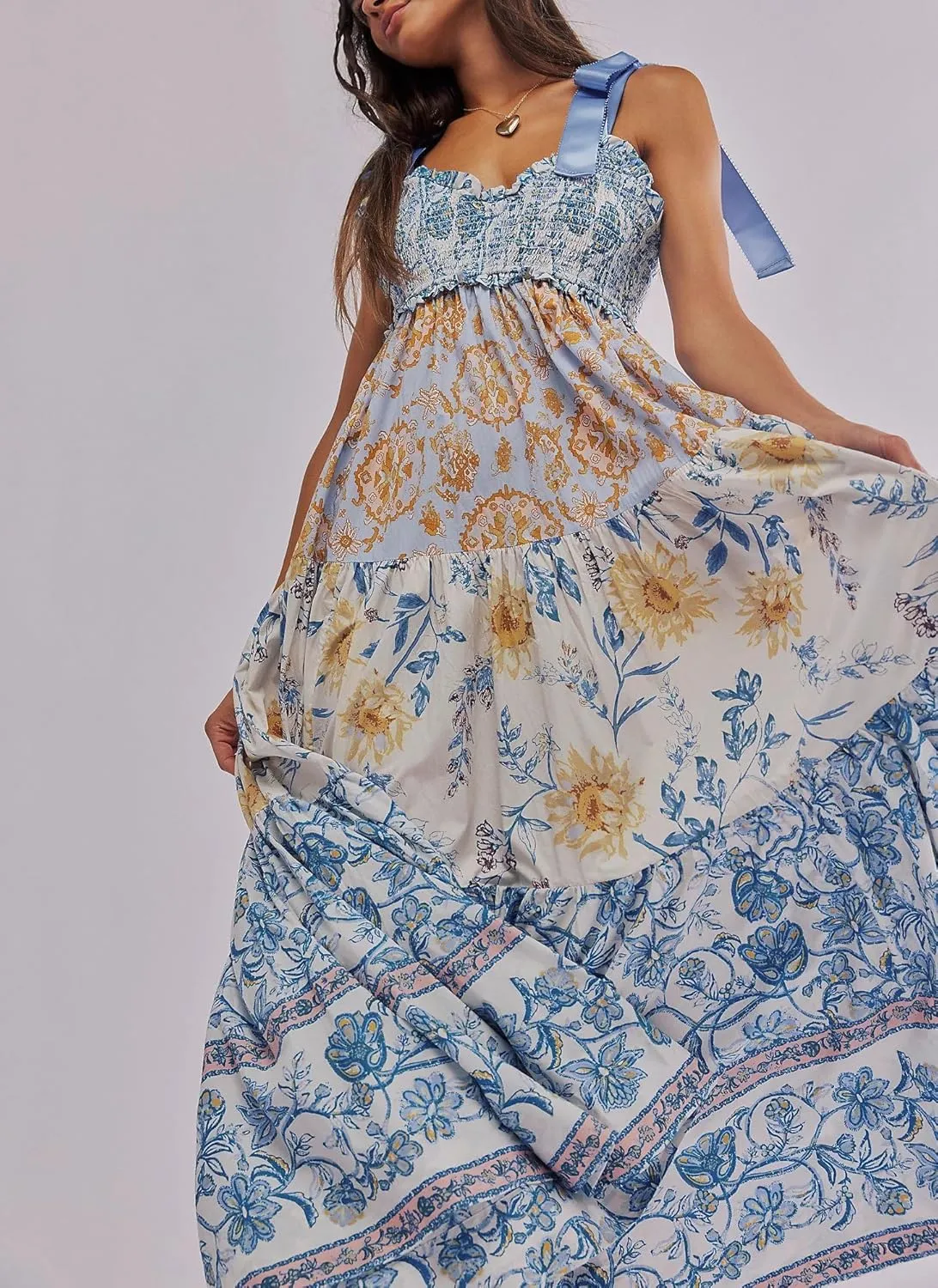 Women Boho Colorful Spaghetti Strap Dress Summer Vacation Beach Long Sun Dress RIC Rac Floral Flowy Cami Maxi Dress