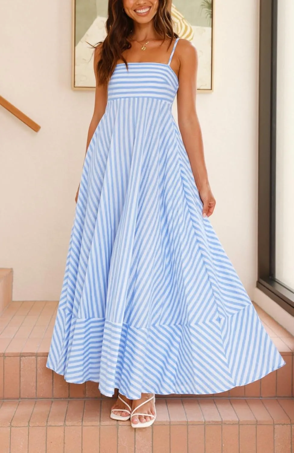 Women Boho Colorful Spaghetti Strap Dress Summer Vacation Beach Long Sun Dress RIC Rac Floral Flowy Cami Maxi Dress