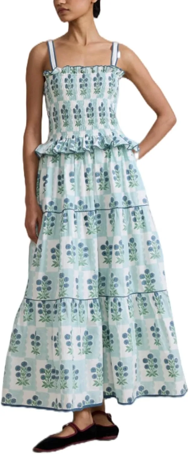 Women Boho Colorful Spaghetti Strap Dress Summer Vacation Beach Long Sun Dress RIC Rac Floral Flowy Cami Maxi Dress