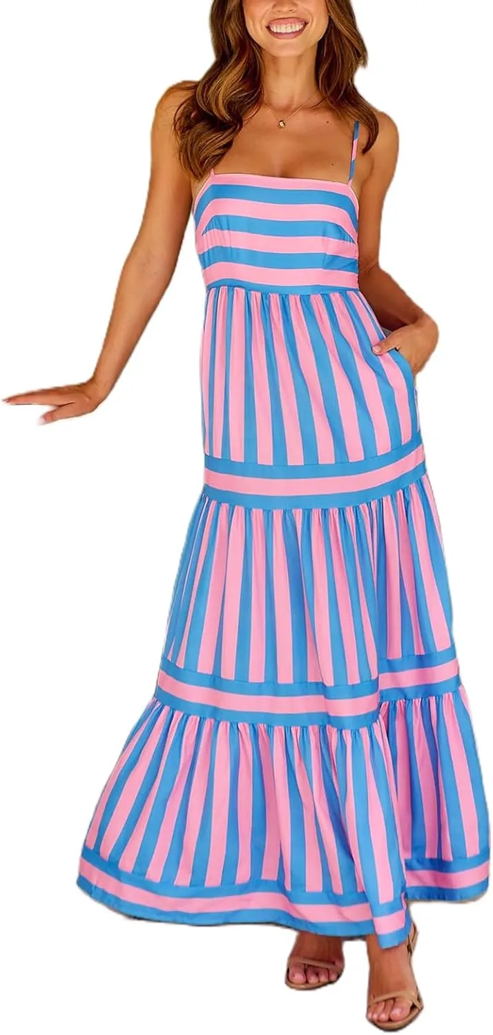 Women Boho Colorful Spaghetti Strap Dress Summer Vacation Beach Long Sun Dress RIC Rac Floral Flowy Cami Maxi Dress
