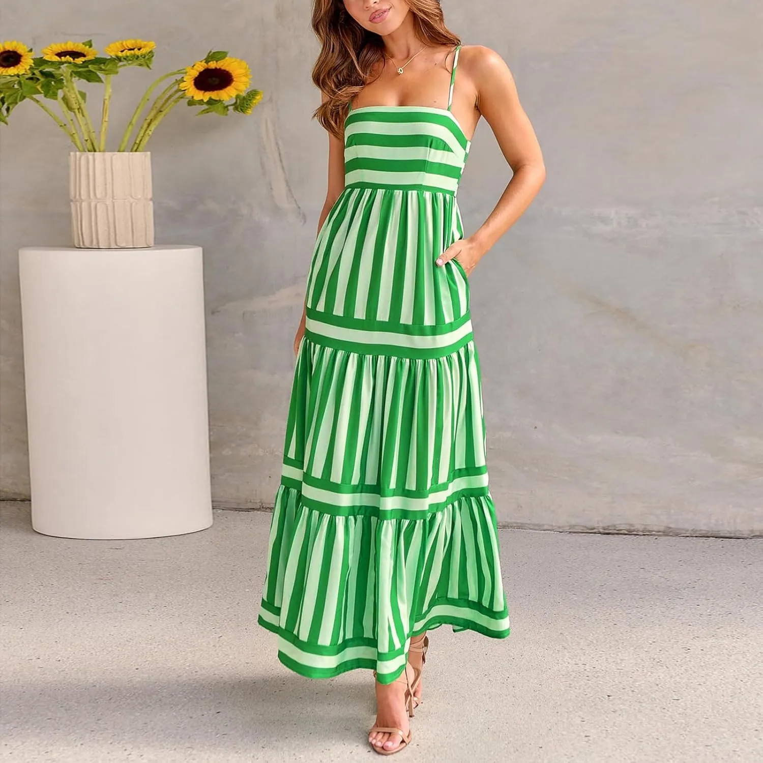 Women Boho Colorful Spaghetti Strap Dress Summer Vacation Beach Long Sun Dress RIC Rac Floral Flowy Cami Maxi Dress