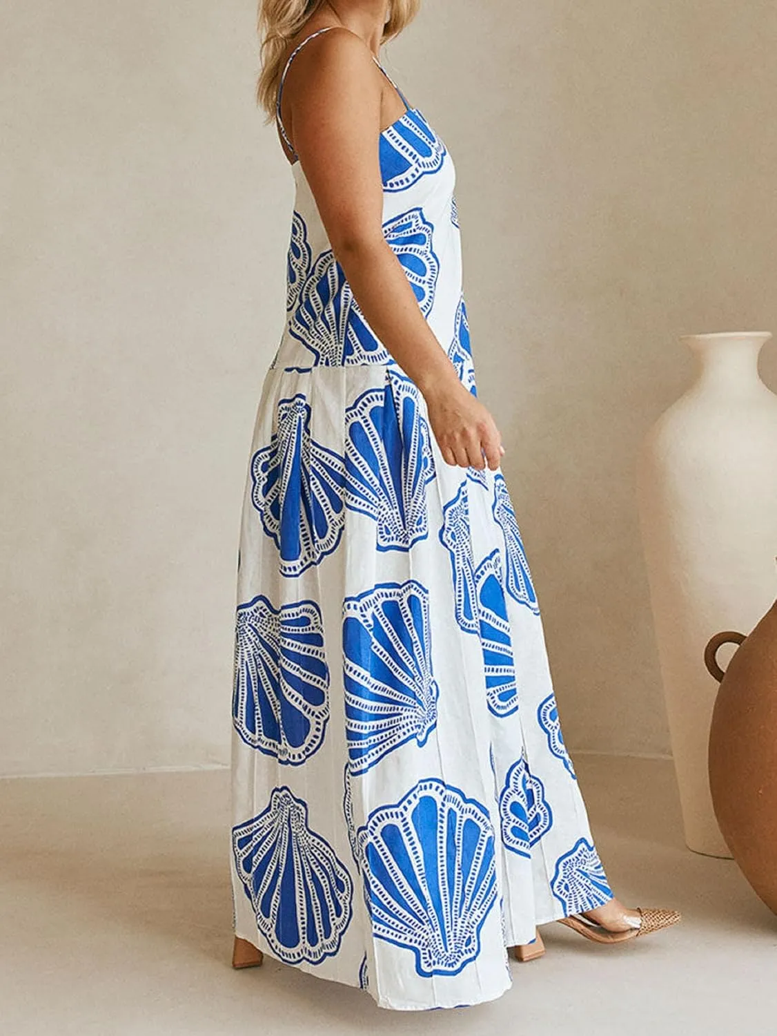 Women Boho Floral Maxi Dress Y2k Spaghetti Strap Backless Long Dress Beach Vacation A Line Swing Sundress