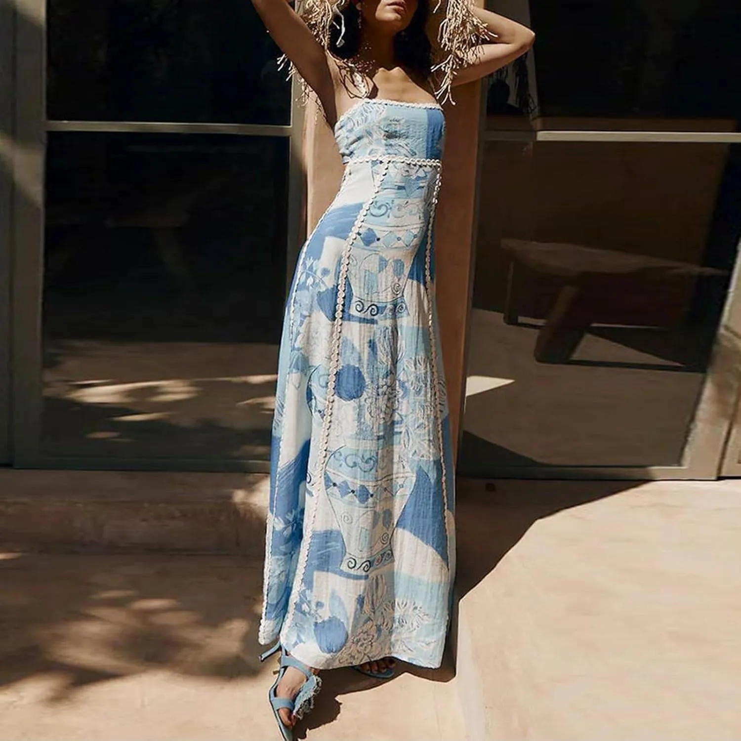 Women Boho Floral Maxi Dress Y2k Spaghetti Strap Backless Long Dress Beach Vacation A Line Swing Sundress