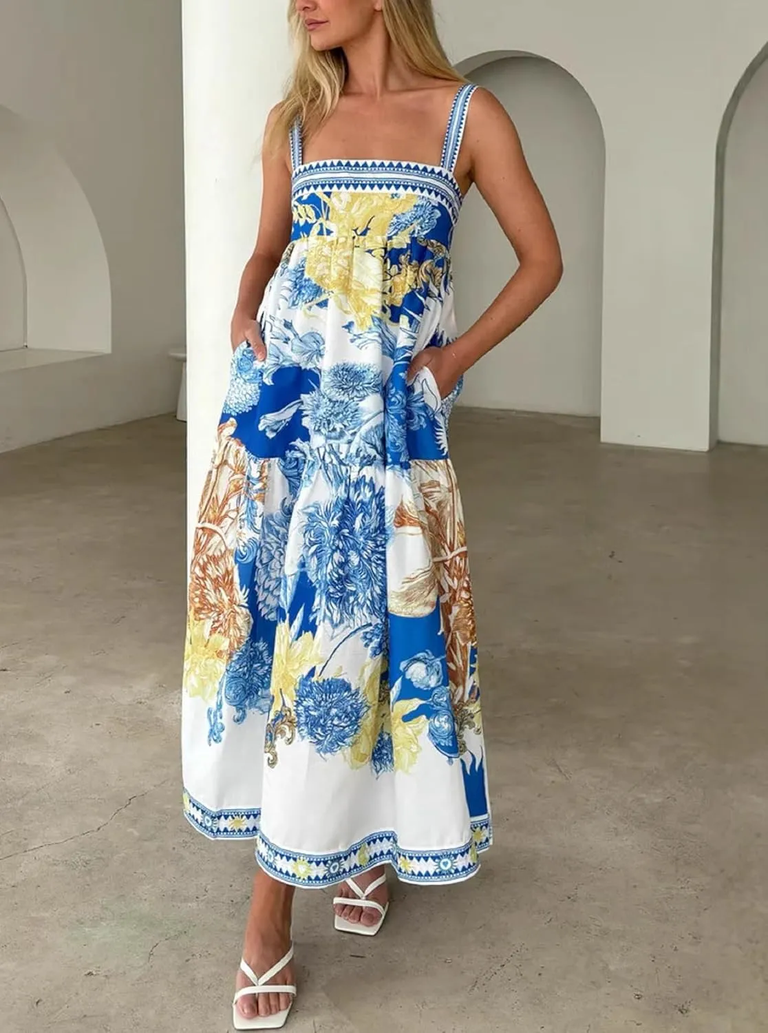 Women Boho Floral Maxi Dress Y2k Spaghetti Strap Backless Long Dress Beach Vacation A Line Swing Sundress
