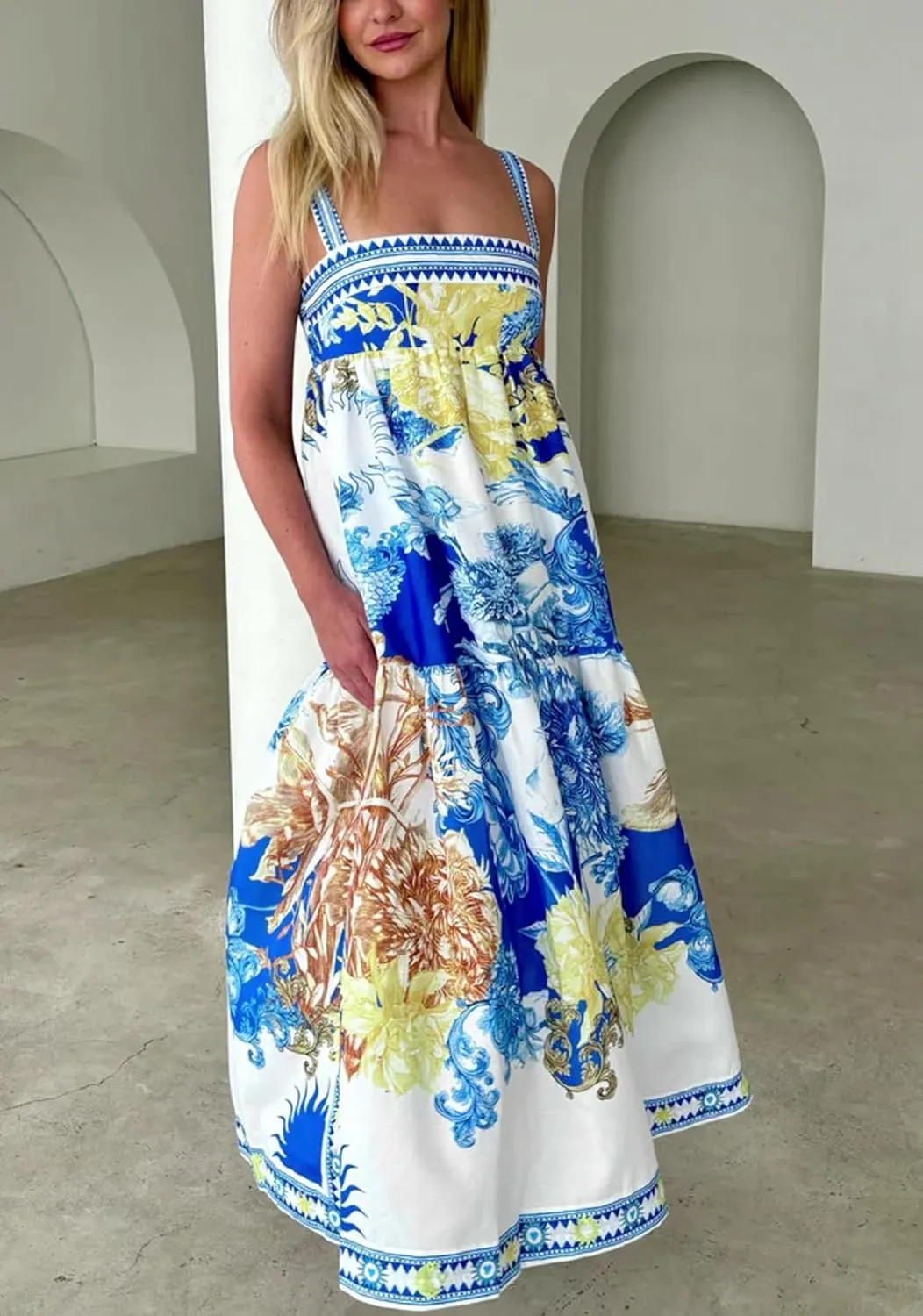 Women Boho Floral Maxi Dress Y2k Spaghetti Strap Backless Long Dress Beach Vacation A Line Swing Sundress