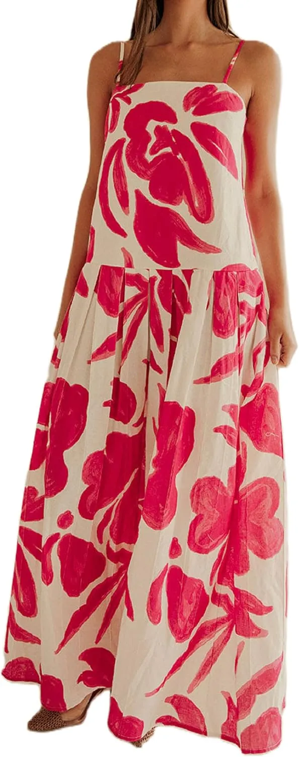 Women Boho Floral Maxi Dress Y2k Spaghetti Strap Backless Long Dress Beach Vacation A Line Swing Sundress