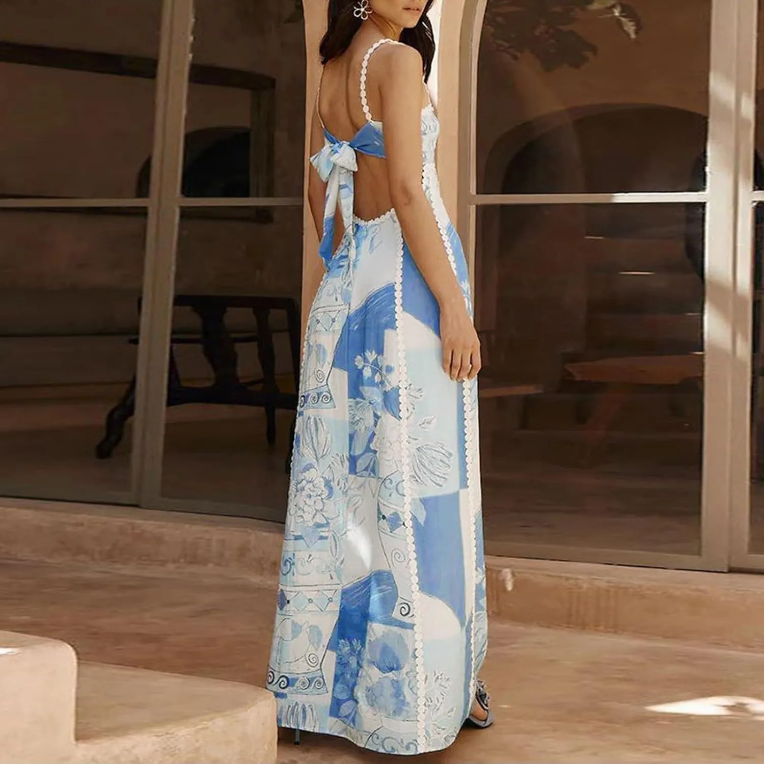 Women Boho Floral Maxi Dress Y2k Spaghetti Strap Backless Long Dress Beach Vacation A Line Swing Sundress