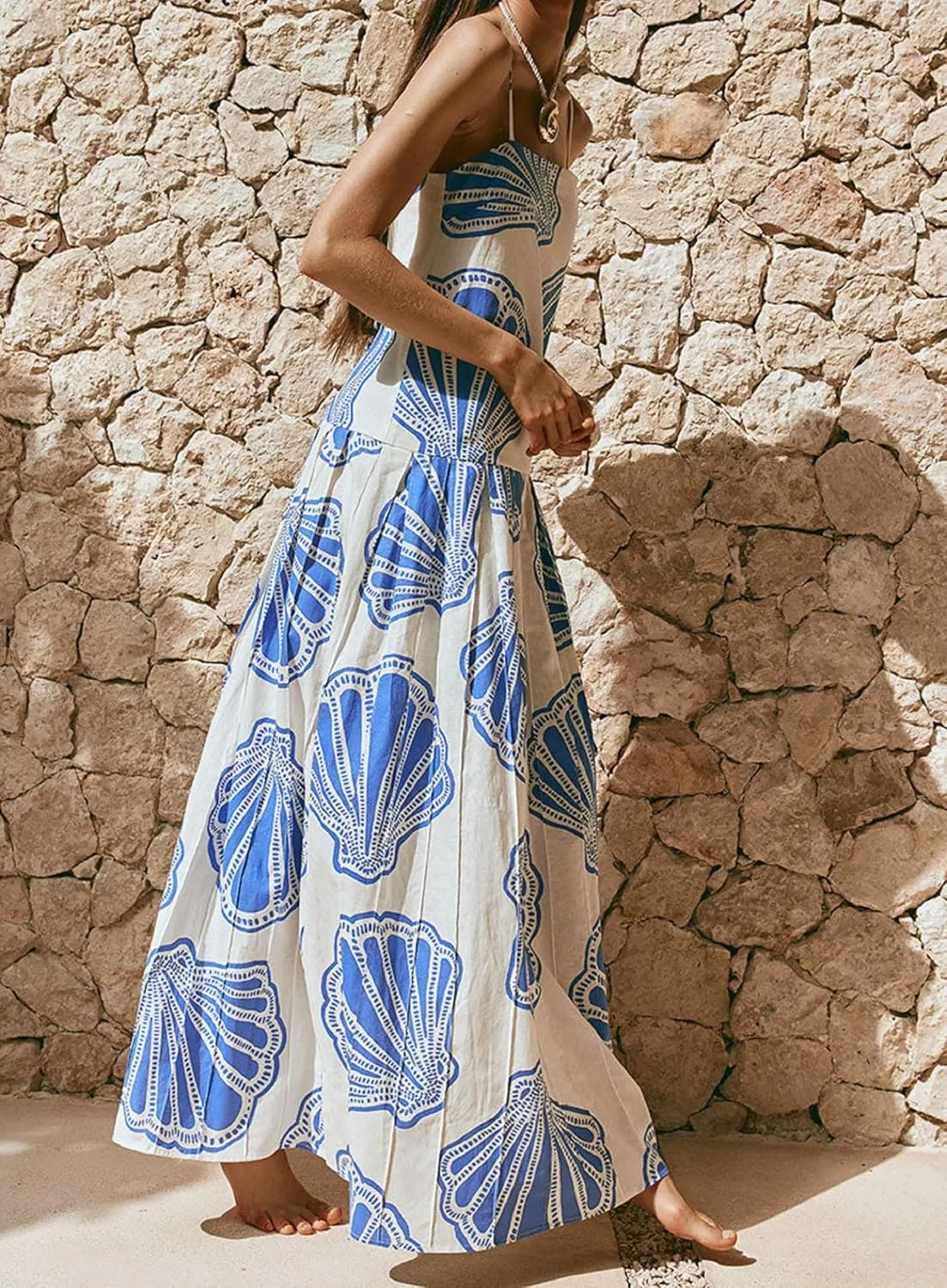 Women Boho Floral Maxi Dress Y2k Spaghetti Strap Backless Long Dress Beach Vacation A Line Swing Sundress